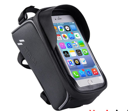 Bicycle phone storage bag, supplier-labelled Blac k; phone and bicycle illustrate use